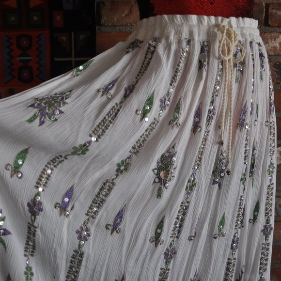 Boho Hippie Maxi Crinkle Broomstick, Multi-color Floral. White Silver Sequin O/S - Picture 3 of 5